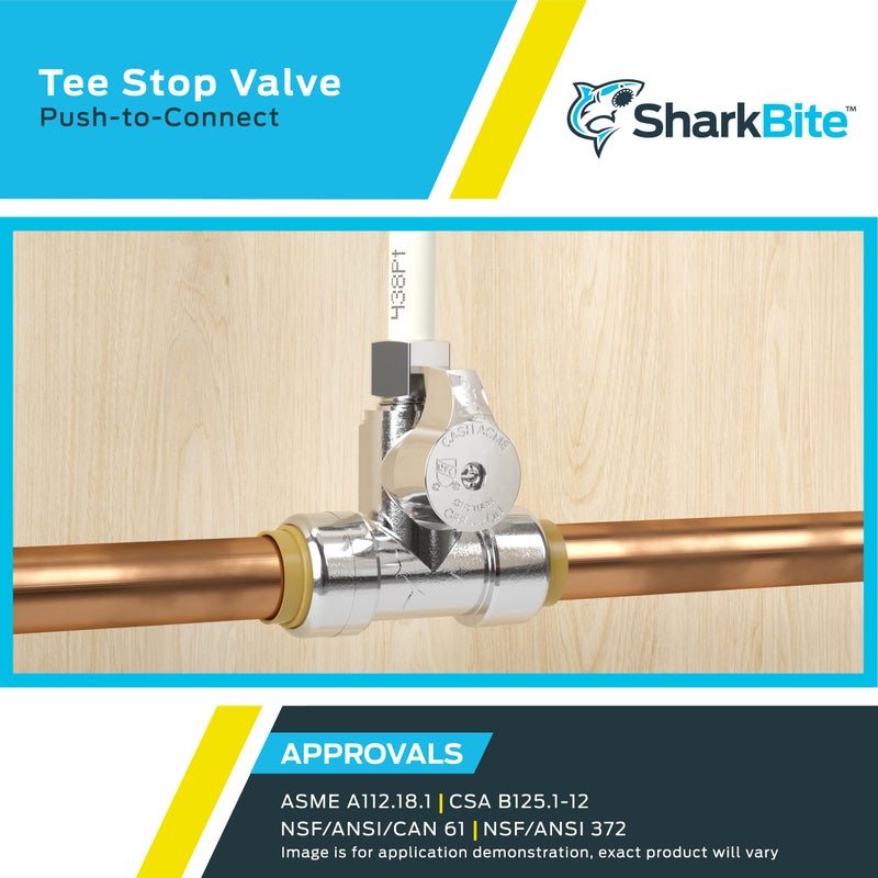 SharkBite 1/2 x 1/2 x 1/4 Inch Compression Tee Stop Valve, Push-to-Connect Chrome Brass Plumbing Fitting, 24987A - Image 5